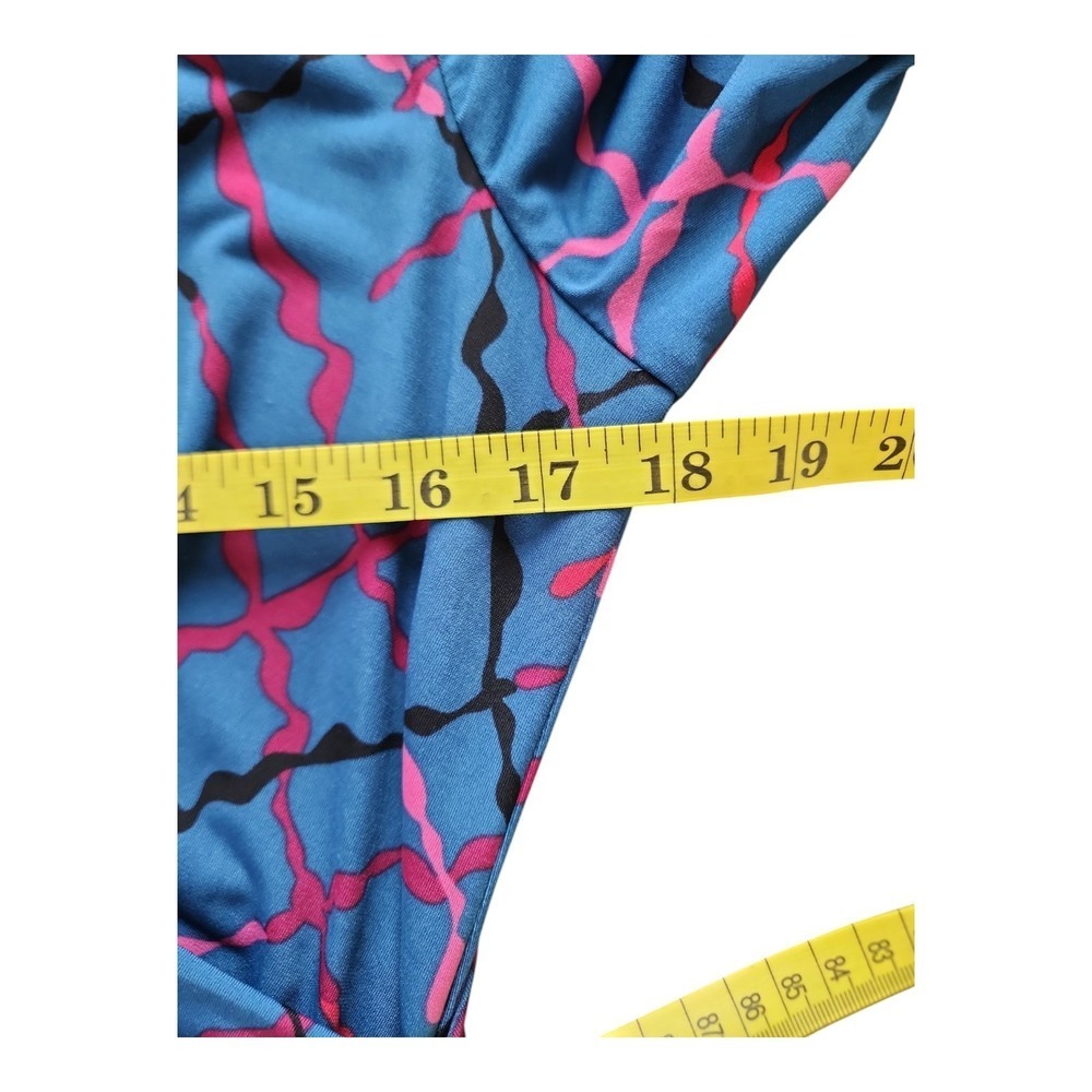 Classic Feminine Ruched Midi Dress Blue Abstract Print Workwear Office Chic 10 - Picture 13 of 16